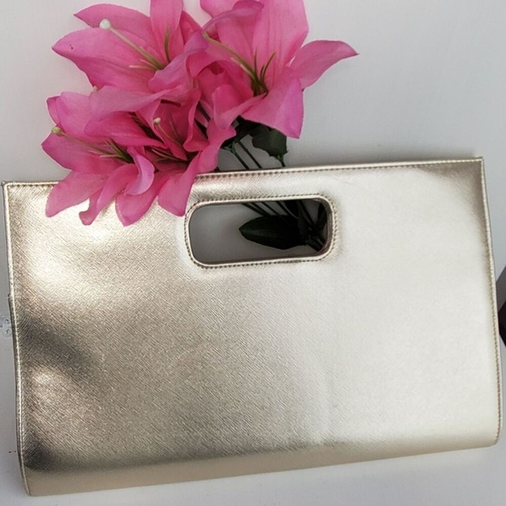 Gold Metallic Top Handle Clutch Women's Purse Paisley Interior Handbag